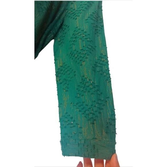 Crown & Ivy Size M Petite Ruffle Neck Tiered Midi Dress Emerald Green Gold Fall - Picture 10 of 13